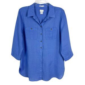 Chico’s 1 No Iron 100% Linen Blue 3/4 Sleeve Hidden Button Top Women’s 8